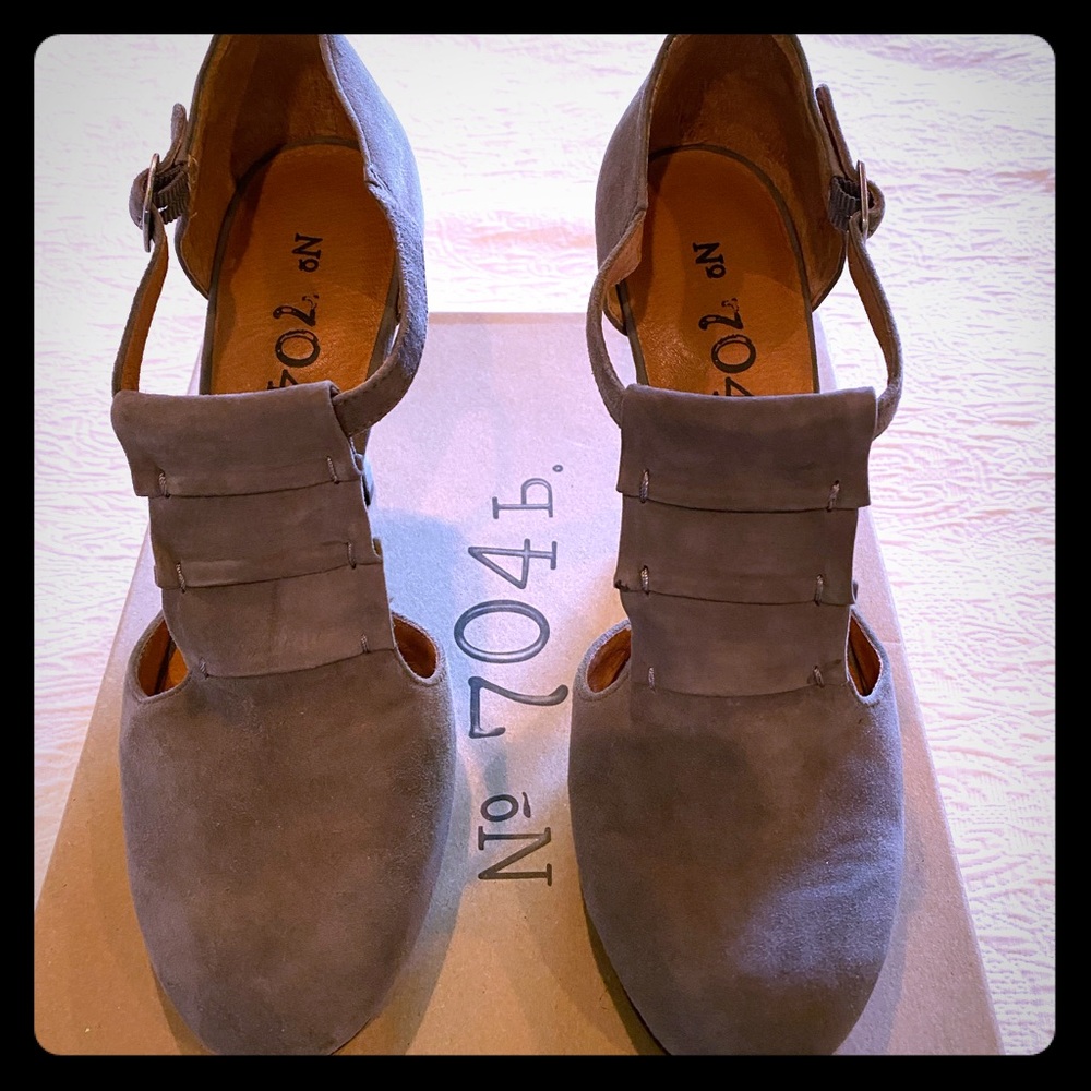 Grey suede Mary Jane style heels